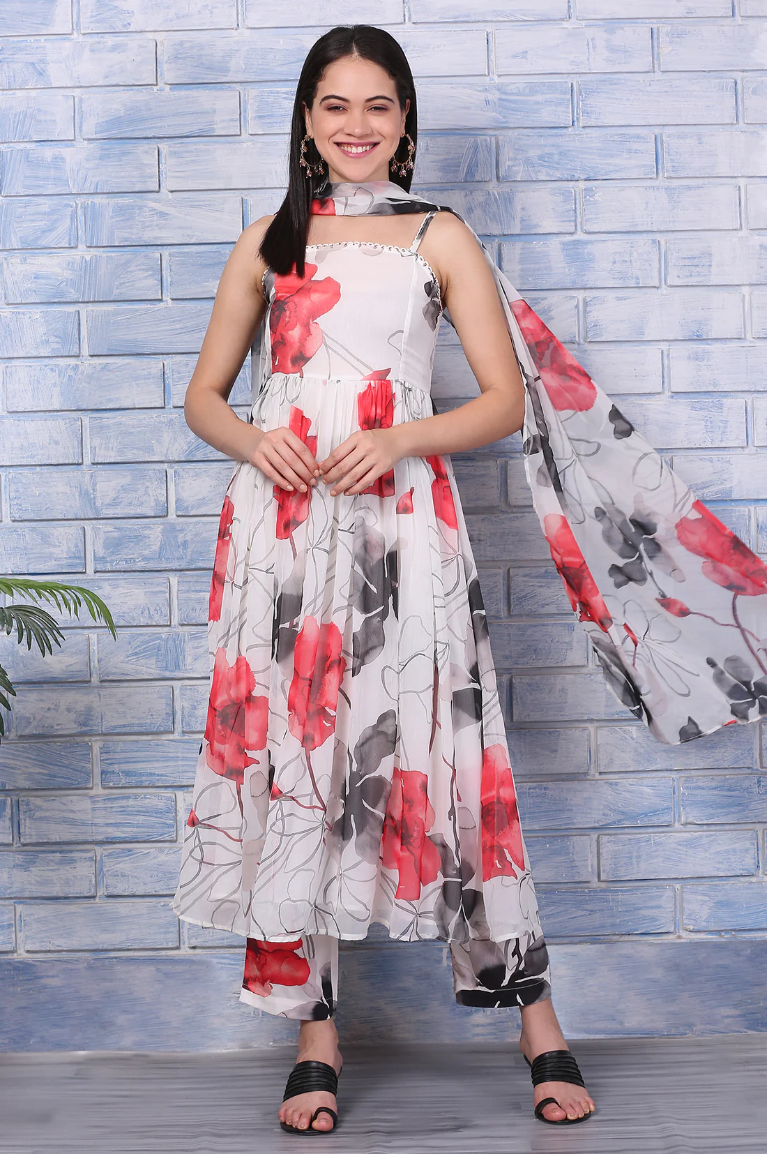 White Bold Floral Printed Chiffon Spaghetti Anarkali Kurta
